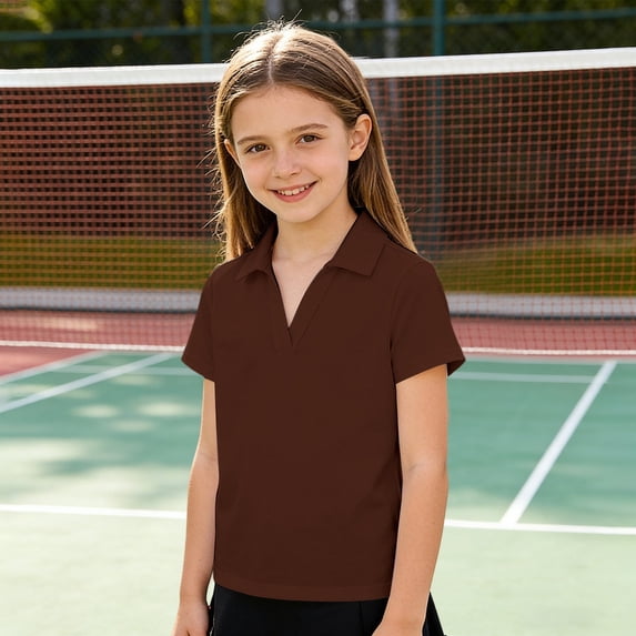 CAIVO Girls Lapel Shirts Sporty Solid Color Short Sleeve Tops For Kids Breathable For Play And Everyday Wear Blouses For Child , Brown