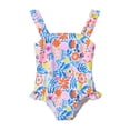 thumbnail image 1 of CAIVO Girls One-Piece Swimsuit Floral Print Cute Ruffle Sleeve Square Neck Bathing Suit For Toddler Kids Summer Beach Pool Swim Wear, 1 of 4