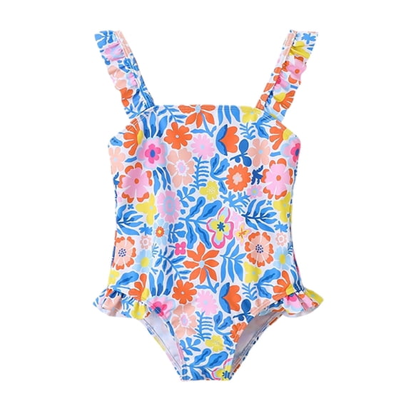 CAIVO Girls One-Piece Swimsuit Floral Print Cute Ruffle Sleeve Square Neck Bathing Suit For Toddler Kids Summer Beach Pool Swim Wear