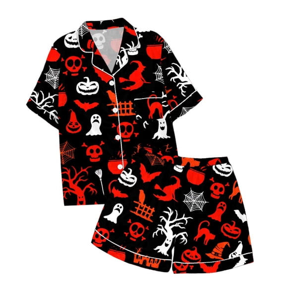 CAIVO Girls Pajama Sets Sleepwear 2 Piece Comfort Kids Nightwear Short Sleeve Lapel Button Shirts Blouse Tops With Shorts Casual Loungewear Halloween Pjs