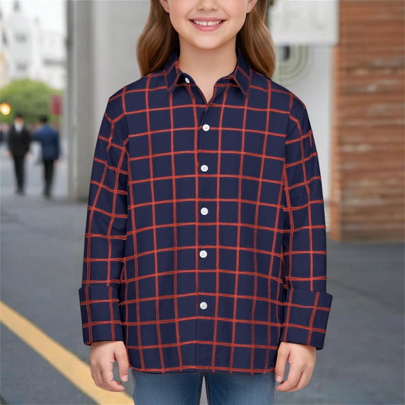 CAIVO Girls Shirts Children's Long Sleeved Shirts Plaid Classic Loose Plus Size Lapel Casual Shirts Tops Blouses For Kids , Dark Purple