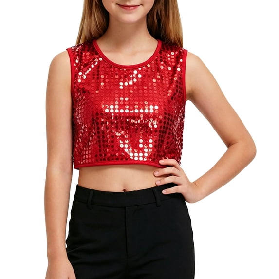 CAIVO Girls Shirts Crop Tops Sequin Round Vest Stage Performance Shirt Blouses For Kids , Red
