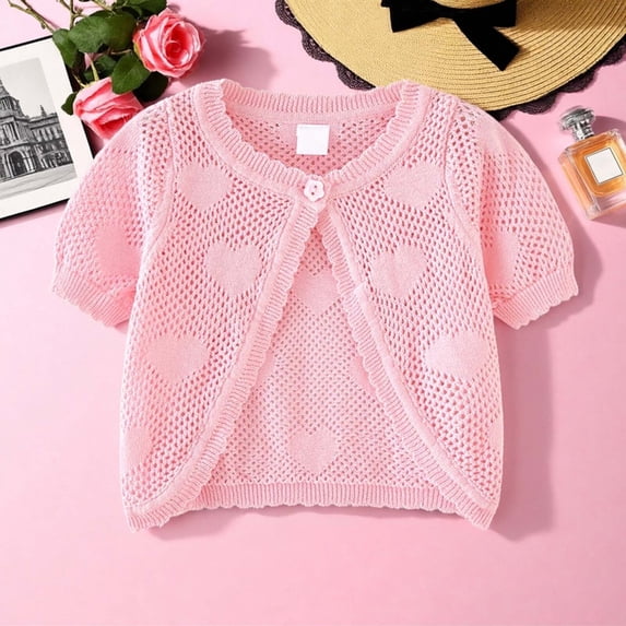 CAIVO Girls Shirts Knit Cardigan Short Sleeve Summer Shirt Lightweight Open Front Tops For Toddler Baby Kids Blouses For Child , Pink