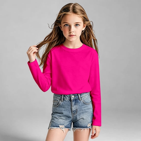 CAIVO Girls Shirts Long Sleeve Mesh Tee Casual Solid Color Tops Lightweight Breathable Summer Shirt Activewear Kids Blouses For Child , Hot Pink
