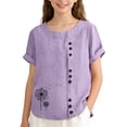 thumbnail image 1 of CAIVO Girls Shirts Loose Fit Round Neck Button Front Kids Blouse, Dandelion Graphic Short Sleeve Summer Play Tops For Child , Light Purple, 1 of 3