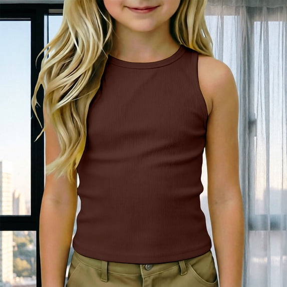CAIVO Girls Shirts Tank Tops Kids Athletic Racerback Crewneck Sleeveless Solid Color Tops Dance Workout Yoga Shirts For O-Neck Child , Brown