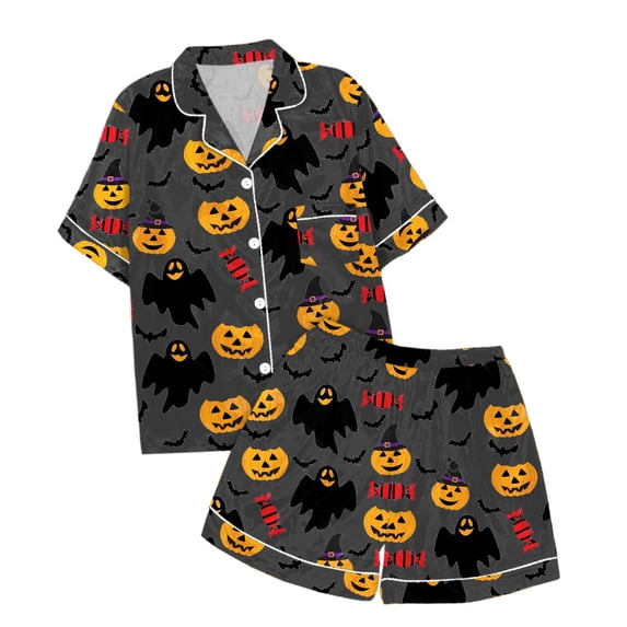 CAIVO Girls Sleepwear Pajama Sets Comfort Kids Nightwear Short Sleeve Lapel Button Shirts Blouse Tops With Shorts Halloween 2 Piece Pjs