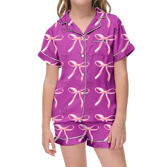 CAIVO Girls Sleepwear Set Soft 2 Piece Pajama Sets Cute Bowknot Printed For Girls Breathable Loungewear Nightwear For Kids Lapel Short Sleeve Button Down Shirt With Shorts Pyjamas