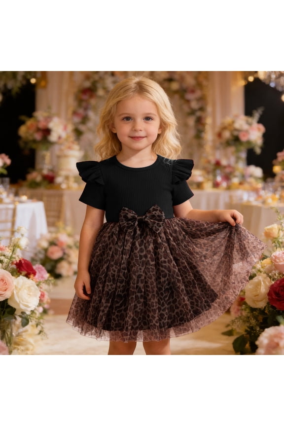 Girls Sleeveless Leopard Print Bow Tie Mesh Tutu Dress Party Gown For Toddler Kids O-Neck Lovely Dresses