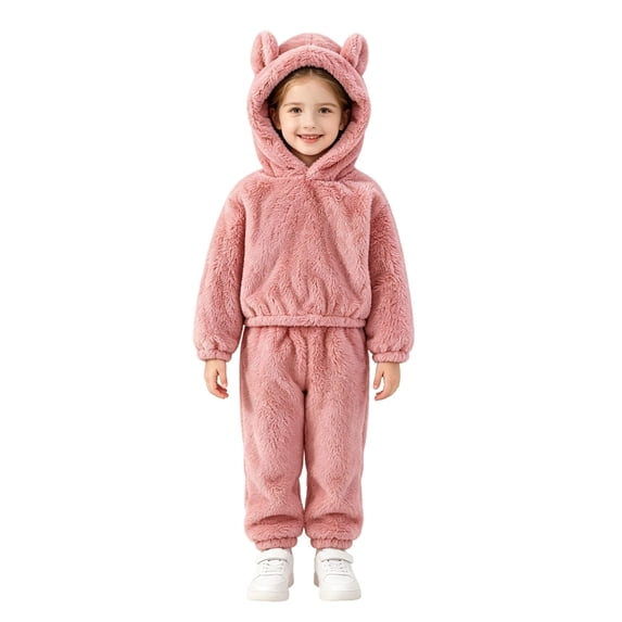 CAIVO Girls Solid Color Loungewear Fall Winter Hooded Cozy Pajama Sets Toddler Kids 2 Piece Long Sleeve Tops Pants