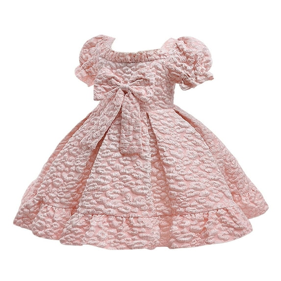 CAIVO Girls Style Girls Dress Baby Bow Puff Sleeve Princess Dress Short Sleeve Princess Dress Birthday Toddler Child Daily Wear