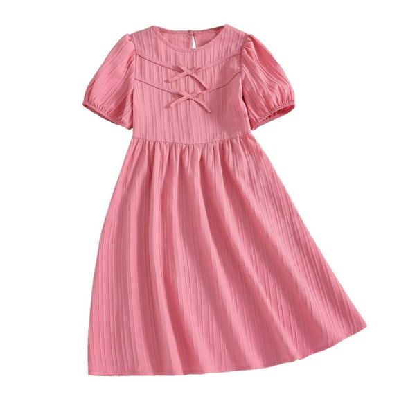 CAIVO Girls Summer Short Sleeve Dress With Bowknot For Big Kids Soft Toddler Child Daily Wear