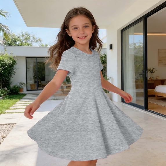 CAIVO Girls Summer Short Sleeve Rib Knit Dress Solid Color Casual Party Dress For Toddler Kids O-Neck Comfort Dresses