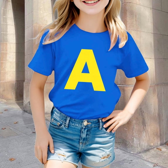 CAIVO Girls T-Shirts Children's Fashion Letter Printed T Shirt Casual And Comfortable Kids O-Neck Tops , Blue