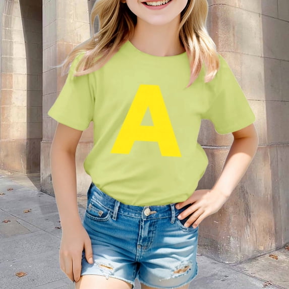 CAIVO Girls T-Shirts Children's Fashion Letter Printed T Shirt Casual And Comfortable Kids O-Neck Tops , Light Yellow