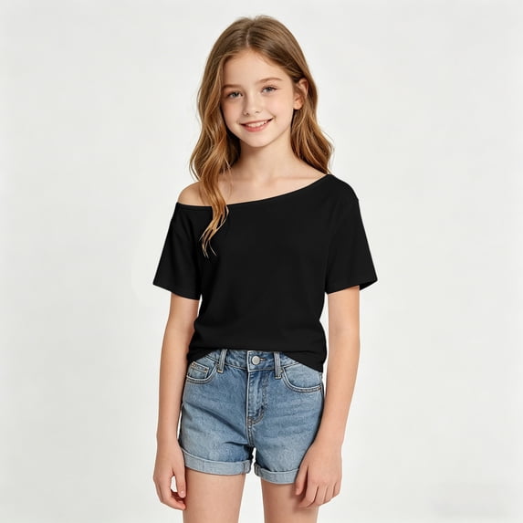 CAIVO Girls T-Shirts Off Shoulder Casual Tops Solid Color Design Tee Shirt For Teenage Youth Fashion Comfortable Daily Wear O-Neck Kids , Black