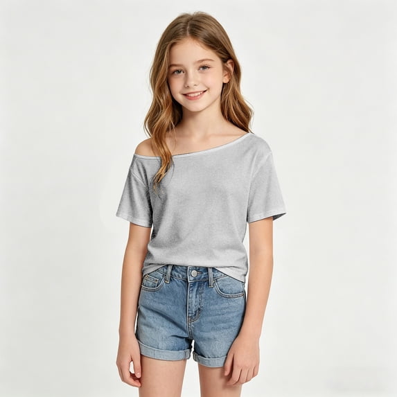 CAIVO Girls T-Shirts Off Shoulder Casual Tops Solid Color Design Tee Shirt For Teenage Youth Fashion Comfortable Daily Wear O-Neck Kids , Light Gray