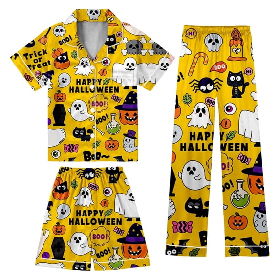CAIVO Halloween Kids Pajama Sets Girls Boys Pumpkin Print Comfortable Sleepwear Lapel Short Sleeve Button Down Shirt With Shorts & Long Pants 3 Piece Pjs