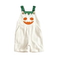 thumbnail image 1 of CAIVO Halloween Pumpkin Patchwork Striped Romper With Pockets For Boys Girls Casual Style Sleeveless Strap One-Pieces For Toddlers And Children Playwear, 1 of 3