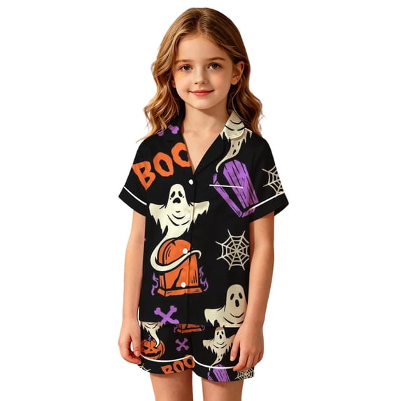 CAIVO Halloween Themed Kids Sleepwear With Front Button Down Short Sleeve Tops And Elastic Waist Shorts Cozy Kids Girls And Boys 2 Piece Pajama Sets Loungewear