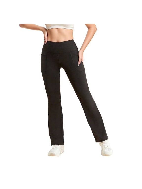 High Waist Booty Butt Lifting Yoga Pants Women Stretchy Fit Workout Leggings With Flare Bottoms For Gym And Athleisure Solid Color Athletic Running Fitness Trousers , Black
