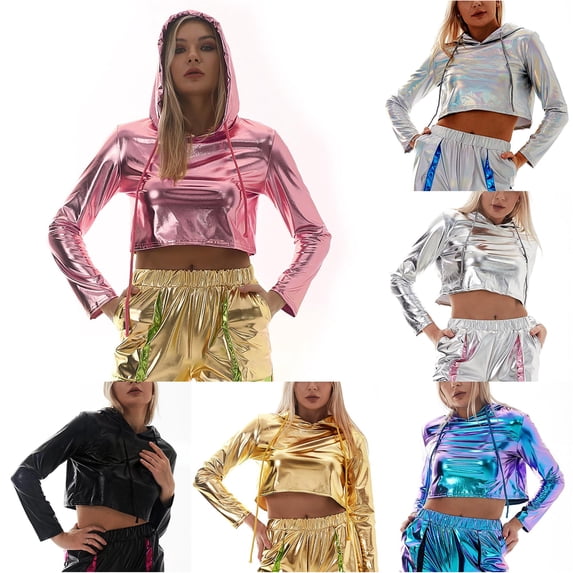 CAIVO Hoodies For Women Cropped Hoodie Long Sleeve Pullover Oversized Casual Streetwear Tops For Ladies Solid Color Vacation Sweatshirts