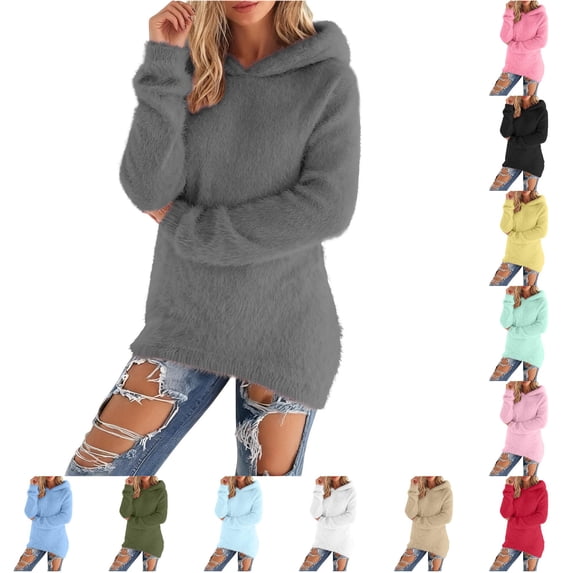 CAIVO Hoodies For Womens Solid Color Cozy Sweatshirt Long Sleeve Casual Winter Loose Hooded Pullover Fuzzy Lightweight Tunic Tops Cold Weather Dailywear