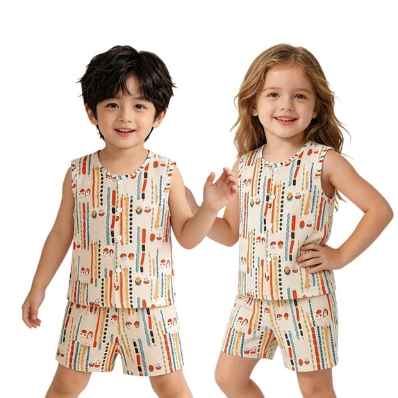 CAIVO Kids 2 Piece Pajama Sets Unisex Cartoon Stripe Pattern Sleeveless Pjs Set Round Neck Button Down Tank Tops Elastic Waist Shorts Loungewear Sleepwear