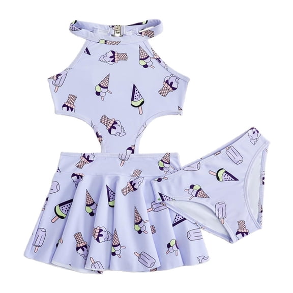 CAIVO Kids Adorable Cartoon Print Two Piece Swimsuit For Girls Cute Ruffle Tankini With High Waist Swim Shorts Fashionable Summer Swimwear