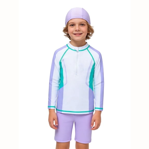 CAIVO Kids Boys Long Sleeve Rash Guard Summer Swimwear With Swim Cap ...