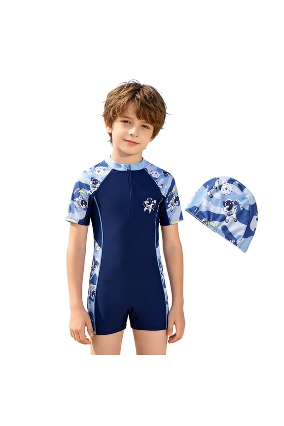 Kids Boys Sun Protective Swimwear One-Piece Rash Guard With Astronaut Print For Beach Pool Summer Adorable Swimsuit Sets