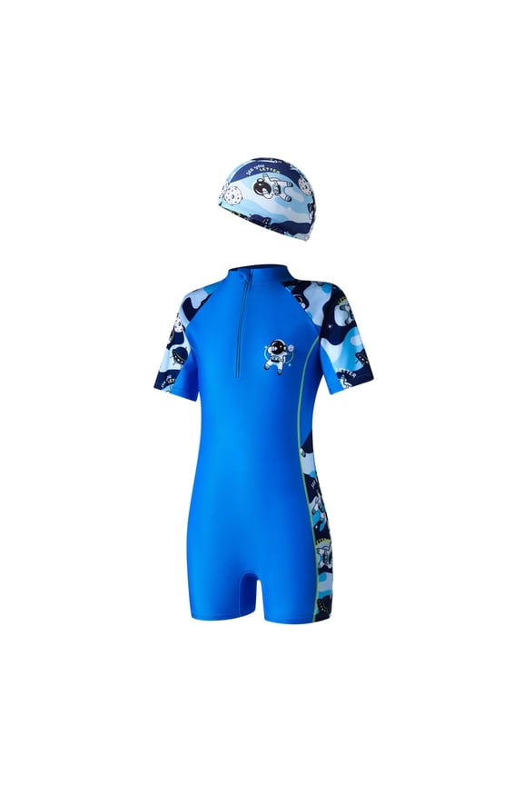 Kids Boys Sun Protective Swimwear One-Piece Rash Guard With Astronaut Print For Beach Pool Summer Holiday Swimsuit Sets