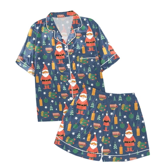 CAIVO Kids Casual Christmas Printed 2 Piece Pajama Sets Button Down Lapel Collar Short Sleeve Shirts Tops Shorts Nightwear