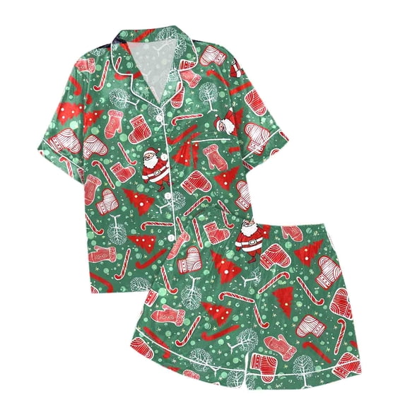 CAIVO Kids Casual Christmas Printed 2 Piece Pajama Sets Button Down Lapel Collar Short Sleeve Shirts Tops Shorts Sleepwear
