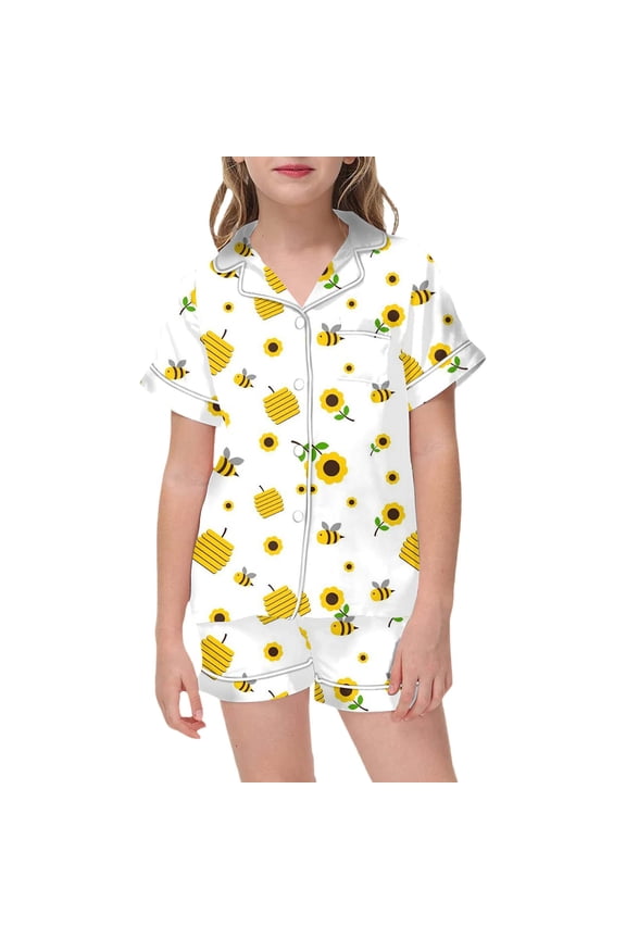 Kids Children Fashion Festival Bee Printed Button Down Lapel Short Sleeve Summer Shirt Tops + Shorts Outfit Sets Versatile Clothes Sets