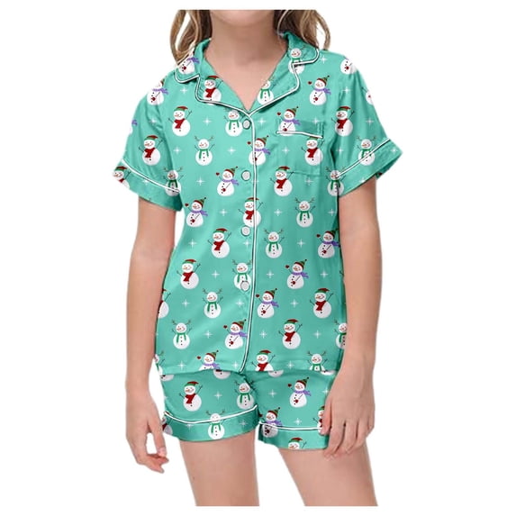 CAIVO Kids Christmas Classic Print 2 Piece Pajama Sets Button Down Lapel Collar Short Sleeve Shirts Tops & Shorts Nightwear