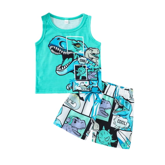CAIVO Kids Dinosaur Print O-Neck Tank Tops And Shorts For Boys Summer Lightweight Casual Outfit Sets With Comfortable Elastic Waist Adorable Clothes Sets