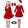thumbnail image 1 of CAIVO Kids Dress Girls Santa Holiday Party Gown With Bonnet Outfit Sets Long Sleeve O-Neck Classic Santa Elk Clothes Sets, 1 of 5