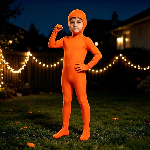 CAIVO Kids Full Body Zentai Bodysuit with Separate Hood, Long Sleeve Footed Polyester Suit, Solid Color Stretch Jumpsuit for Halloween Stage Performance