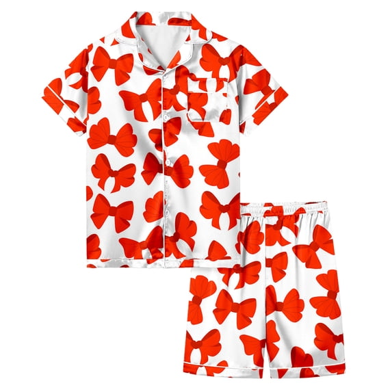 CAIVO Kids Girls Bow Knot Printed 2 Piece Pajama Sets Short Sleeve Lapel Button Down Shirts Tops With Shorts Home Homewear