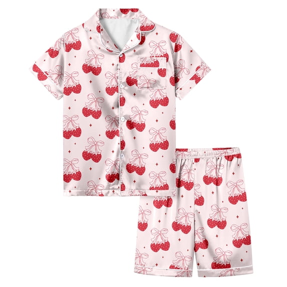 CAIVO Kids Girls Bow Knot Printed 2 Piece Pajama Sets Short Sleeve Lapel Button Down Shirts Tops With Shorts Home Pjs