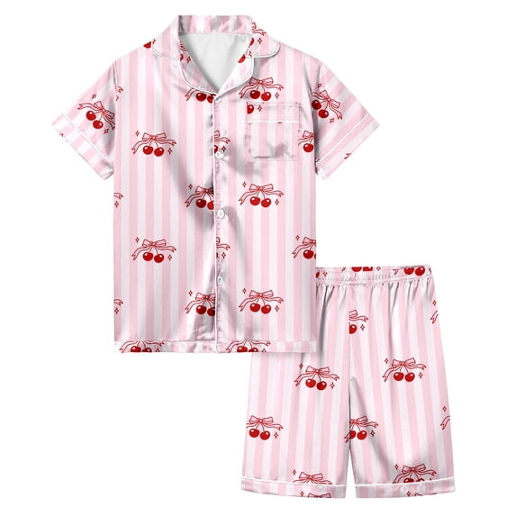 CAIVO Kids Girls Bow Knot Printed 2 Piece Pajama Sets Short Sleeve Lapel Button Down Shirts Tops With Shorts Home Pyjamas