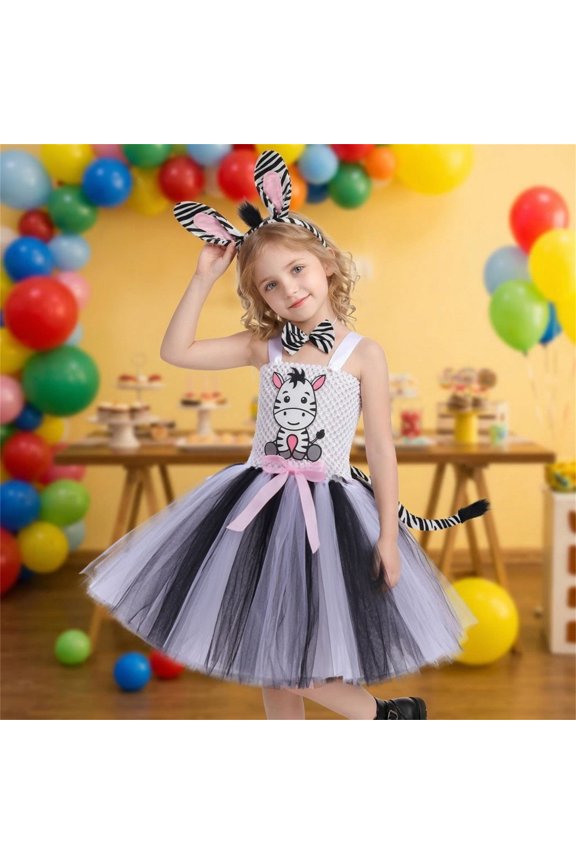 Kids Girls Cartoon Tutu Dress For Stage Performance Party Pageant Holiday Celebration O-Neck Adorable Dresses