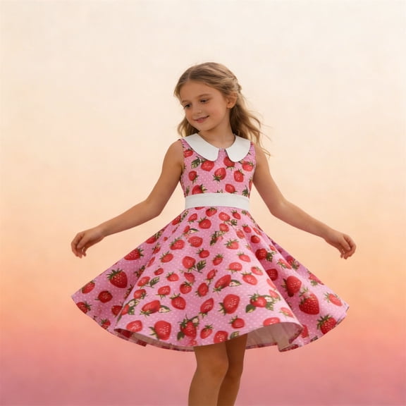 CAIVO Kids Girls Dress Polka Dot With Lapel Collar Sleeveless Waist Design For Daily Wear Party Performance Cute Dresses