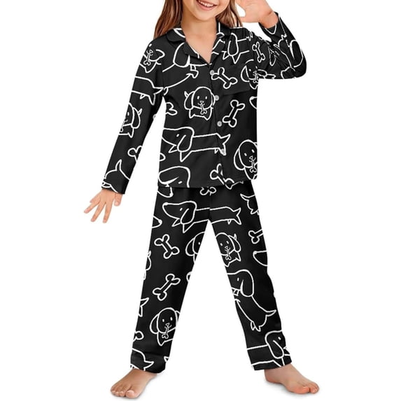 CAIVO Kids Girls Fashion Comfortable Cartoon Printed 2 Piece Pajama Sets Lapel Long Sleeve Button Down Shirt With Pants Nightwear