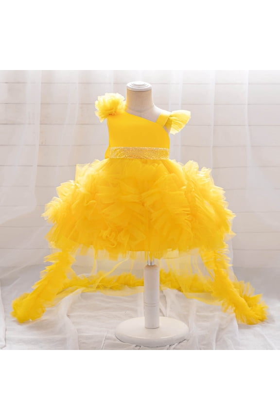 Kids Girls Formal Party Dress With Long Train Girl Gown For Birthday Pageant And Occasions O-Neck Fly Sleeve Versatile Dresses