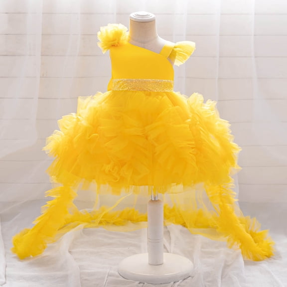 CAIVO Kids Girls Formal Party Dress With Long Train Girl Gown For Birthday Pageant And Occasions O-Neck Fly Sleeve Versatile Dresses