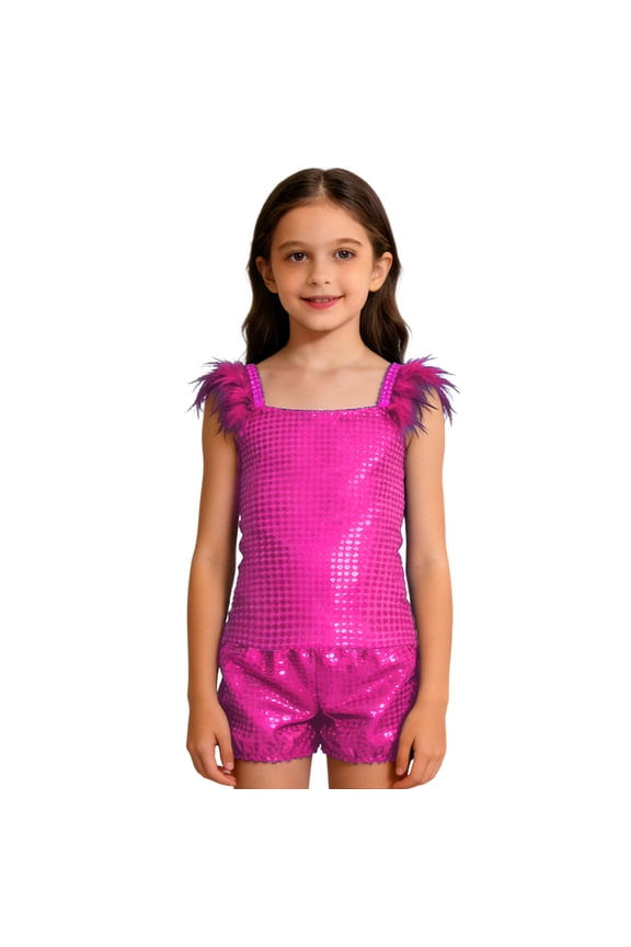 Kids Girls Glam Performance Outfit Sets Sequin O-Neck Sleeveless Tops And Shorts For Stage Show Party Holiday Clothing Sets