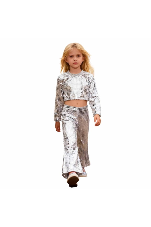 Kids Girls Glitter Sequin Party Performance Outfit Sets Two Piece Round Sequins Tops And Flared Pants For Stage Shows Comfort Clothing Sets