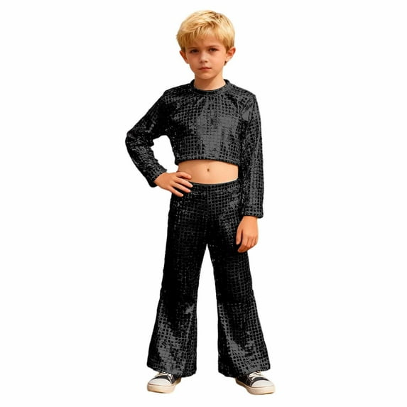 CAIVO Kids Girls Glitter Sequin Party Performance Outfit Sets Two Piece Round Sequins Tops And Flared Pants For Stage Shows Leisure Clothing Sets